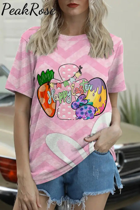 Happy Easter Bunnies Carrot Eggs Pink Stripe Round Neck T-Shirt S / T-Shirt