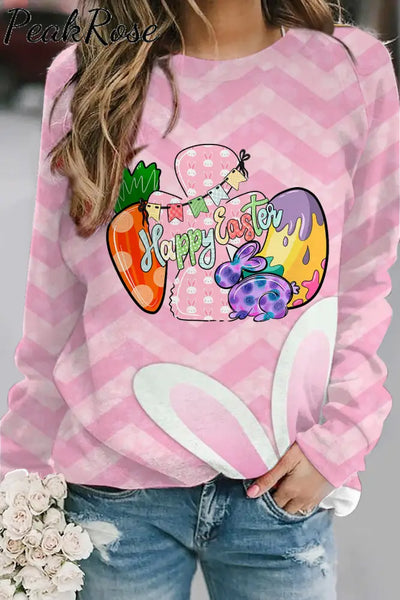 Happy Easter Bunnies Carrot Eggs Pink Stripe Sweatshirt S /