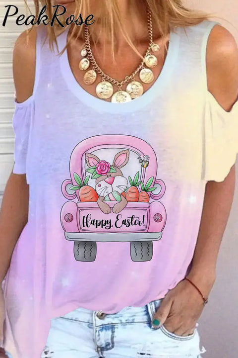 Happy Easter Bunny Carrot Trucks Cold Shoulder T-Shirt S / Multicolor T-Shirt