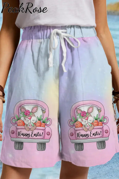 Happy Easter Bunny Carrot Trucks Drawstring Waist Casual Shorts Multicolor / S