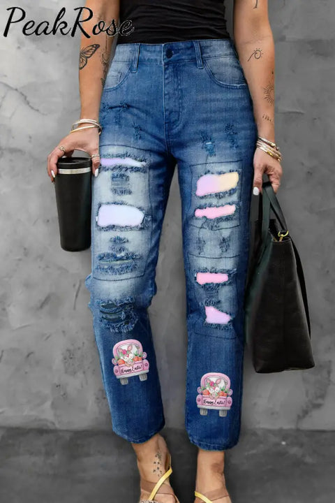 Happy Easter Bunny Carrot Trucks Ripped Denim Jeans