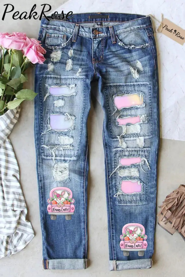 Happy Easter Bunny Carrot Trucks Ripped Denim Jeans S