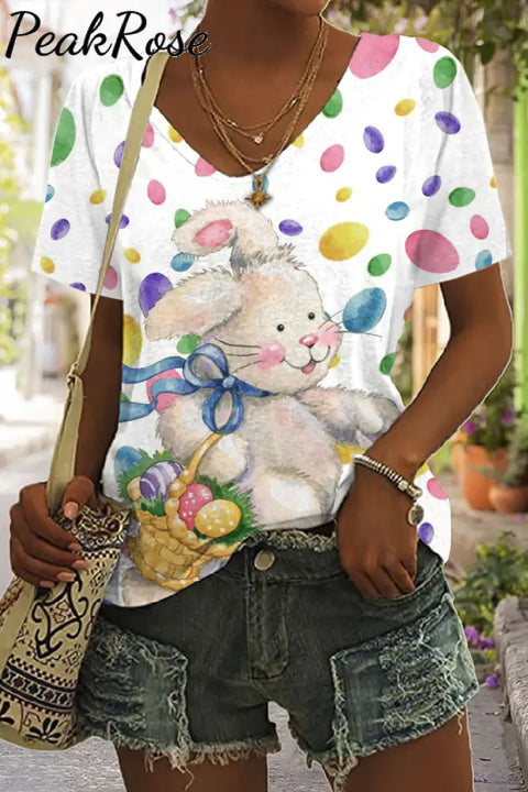 Happy Easter Bunny & Colorful Eggs V Neck T-Shirt T-Shirt