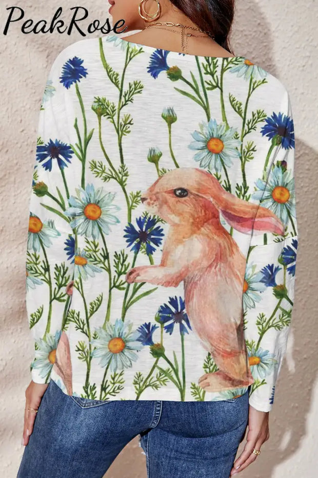 Happy Easter Bunny Play In Spring Daisyland Mini V Neck Loose Long Sleeve T-Shirt Fold