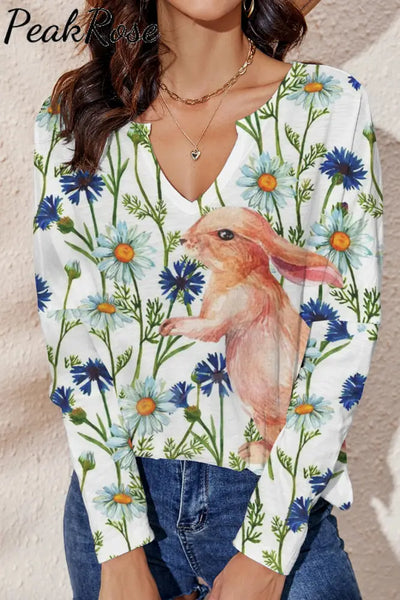 Happy Easter Bunny Play In Spring Daisyland Mini V Neck Loose Long Sleeve T-Shirt S / Photo Color