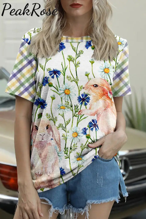 Happy Easter Bunny Play In Spring Daisyland Round Neck T-Shirt S / Photo Color T-Shirt