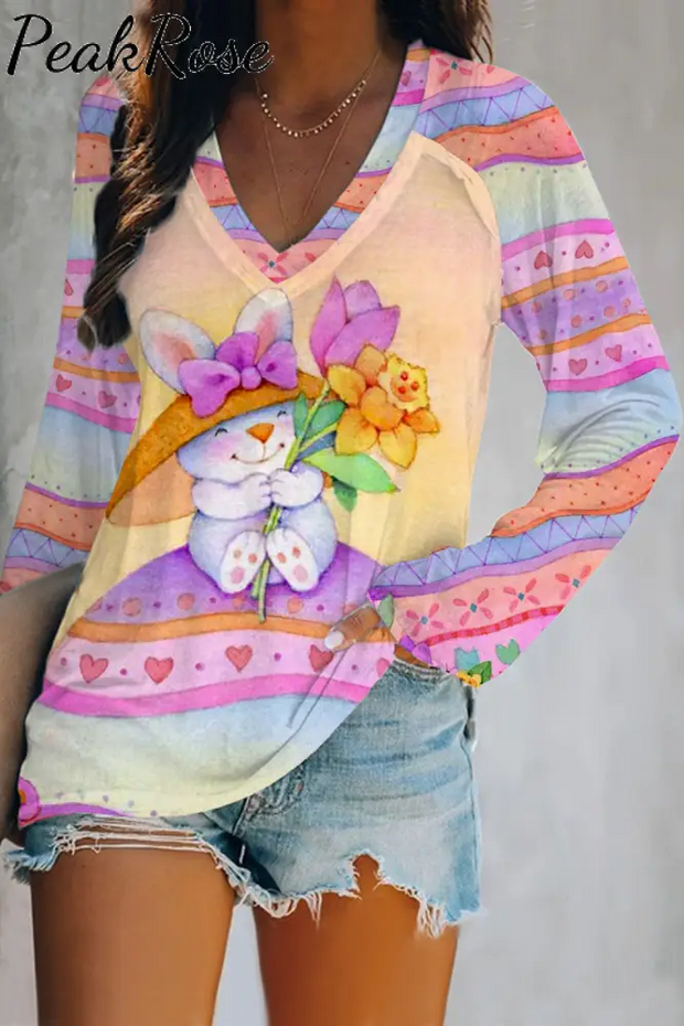 Happy Easter Bunny Sit On Colorful Egg Pattern V-Neck Long Sleeve Tee