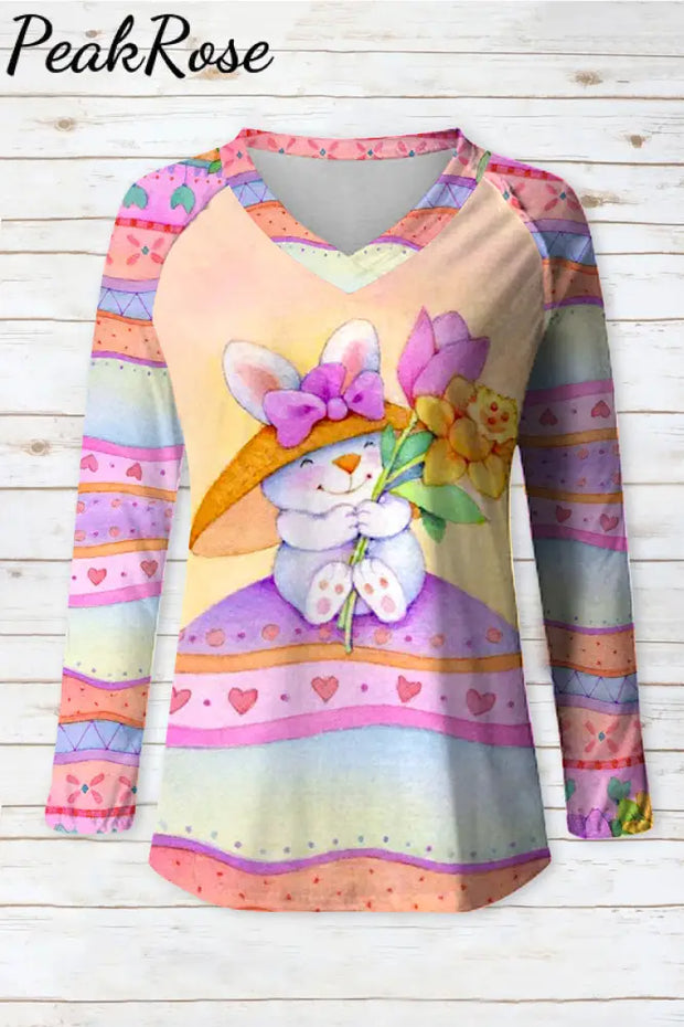 Happy Easter Bunny Sit On Colorful Egg Pattern V-Neck Long Sleeve Tee