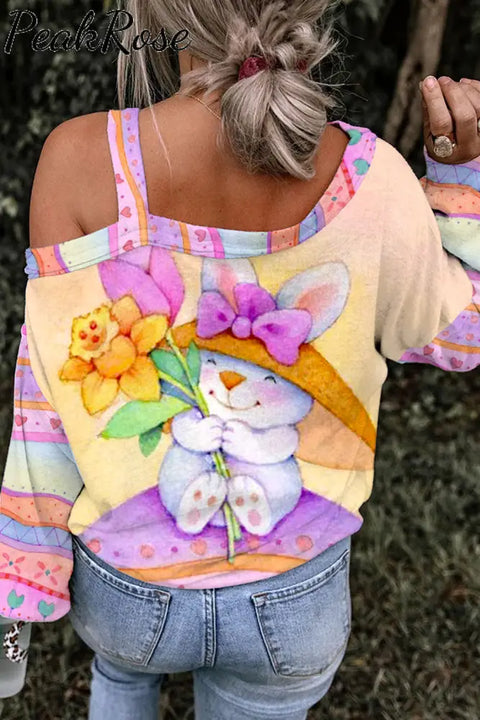 Happy Easter Bunny Sit On Colorful Egg Printed Off-Shoulder Blouse