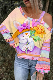 Happy Easter Bunny Sit On Colorful Egg Printed Off-Shoulder Blouse