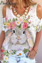 Happy Easter Bunny Watercolor Flower Garden Spring Floral Printed Cold Shoulder T-Shirt T-Shirt