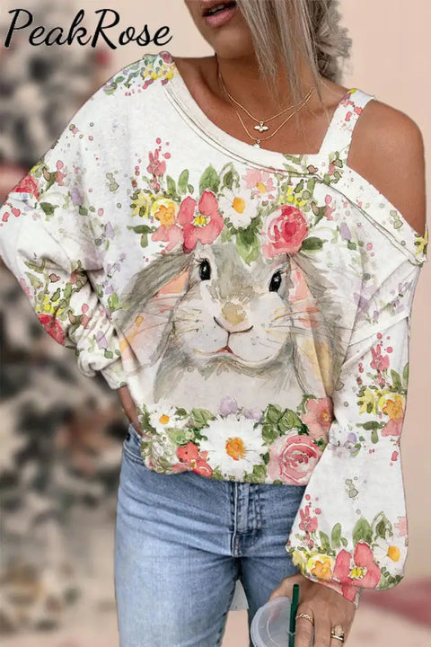 Happy Easter Bunny Watercolor Flower Garden Spring Floral Printed Off-Shoulder Blouse