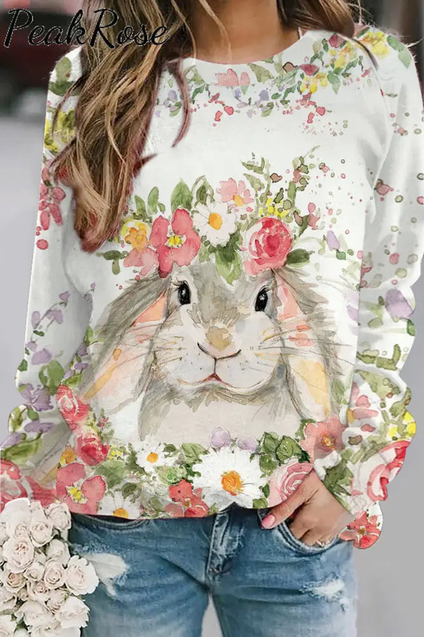 Happy Easter Bunny Watercolor Flower Garden Spring Floral Printed Sweatshirt