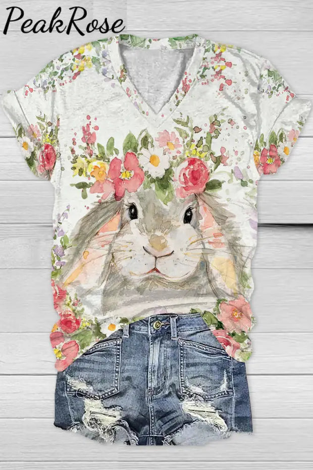 Happy Easter Bunny Watercolor Flower Garden Spring Floral Printed V Neck T-Shirt T-Shirt