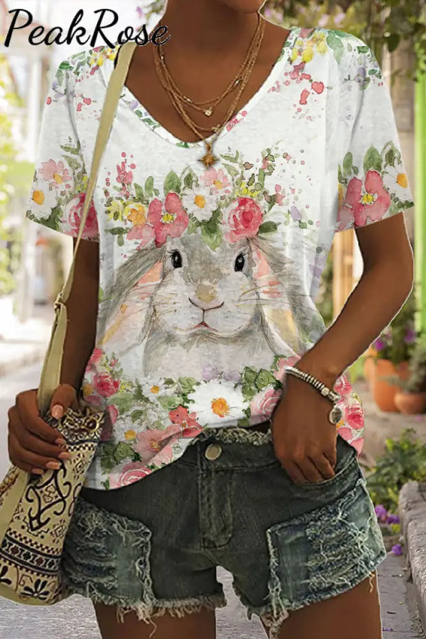 Happy Easter Bunny Watercolor Flower Garden Spring Floral Printed V Neck T-Shirt S / T-Shirt