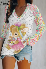 Happy Easter Bunny With An Egg Basket Pattern V-Neck Long Sleeve Tee