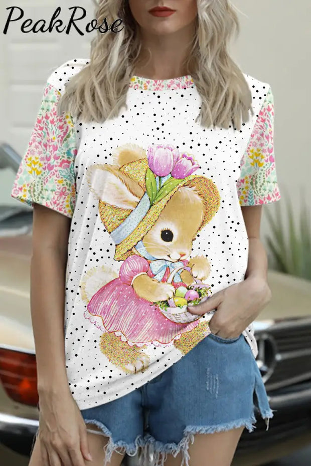 Happy Easter Bunny With An Egg Basket Round Neck T-Shirt T-Shirt