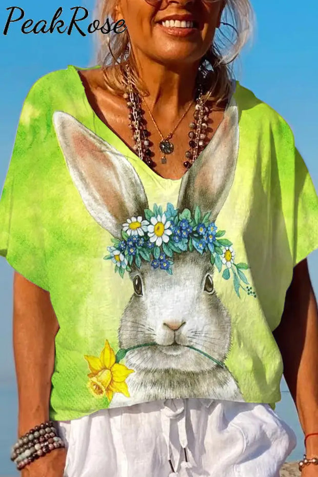 Happy Easter Bunny With Daffodils Spring Floral Printed Dolman Sleeves Tee S / Green