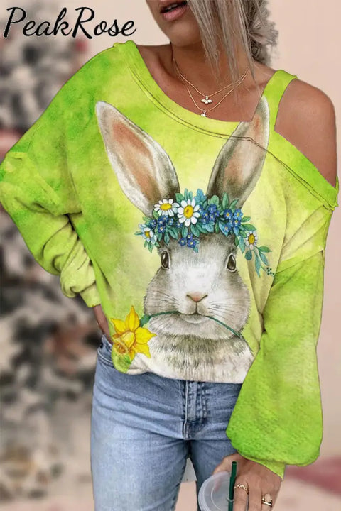 Happy Easter Bunny With Daffodils Spring Floral Printed Off-Shoulder Blouse