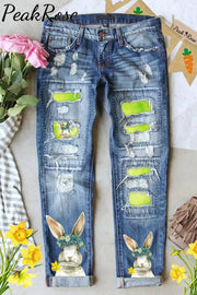 Happy Easter Bunny With Daffodils Spring Floral Printed Ripped Denim Jeans S