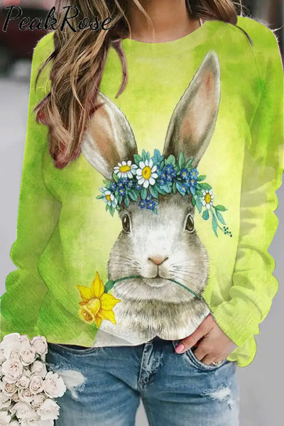 Happy Easter Bunny With Daffodils Spring Floral Printed Sweatshirt S / Green