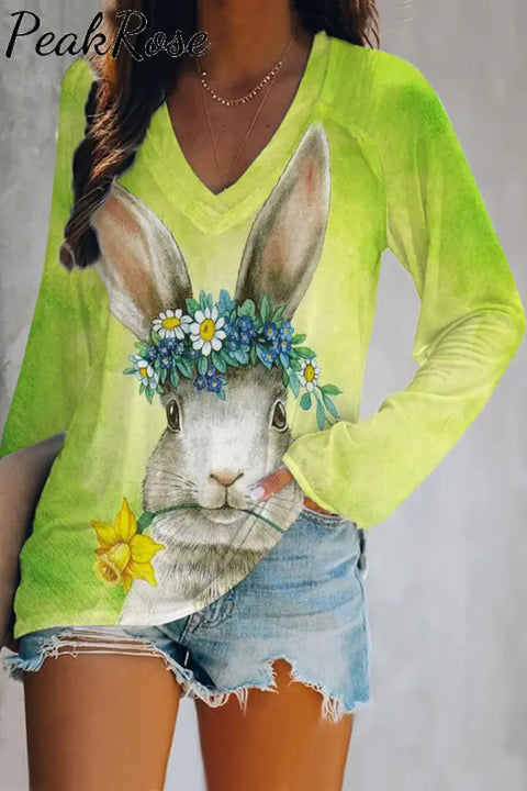 Happy Easter Bunny With Daffodils Spring Floral Printed V-Neck Long Sleeve Tee