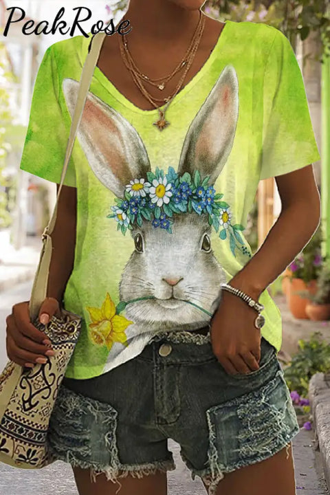 Happy Easter Bunny With Daffodils Spring Floral Printed V Neck T-Shirt T-Shirt