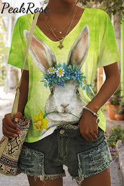 Happy Easter Bunny With Daffodils Spring Floral Printed V Neck T-Shirt S / Green T-Shirt