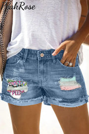 Happy Easter Chilling With My Peeps Denim Shorts