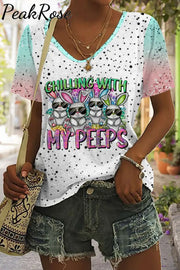 Happy Easter Chilling With My Peeps V Neck T-Shirt S / Multicolor T-Shirt