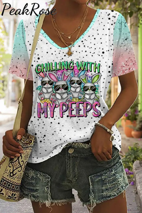 Happy Easter Chilling With My Peeps V Neck T-Shirt S / Multicolor T-Shirt