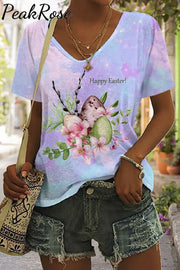 Happy Easter Colorful Eggs Floral Print V-Neck T-Shirt T-Shirt