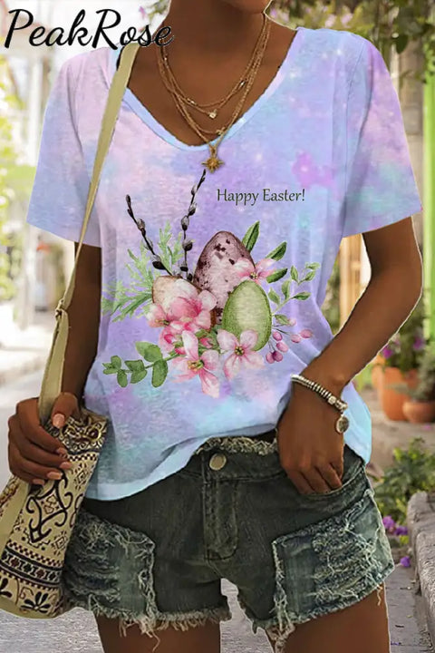 Happy Easter Colorful Eggs Floral Print V-Neck T-Shirt T-Shirt