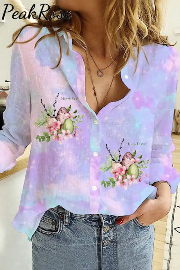 Happy Easter Colorful Eggs Floral Printed Long Sleeve Shirt Women