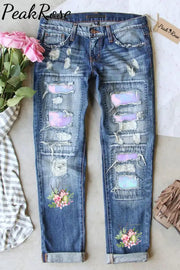 Happy Easter Colorful Eggs Floral Printed Ripped Denim Jeans