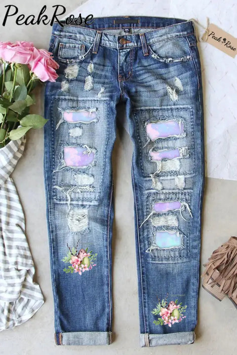 Happy Easter Colorful Eggs Floral Printed Ripped Denim Jeans