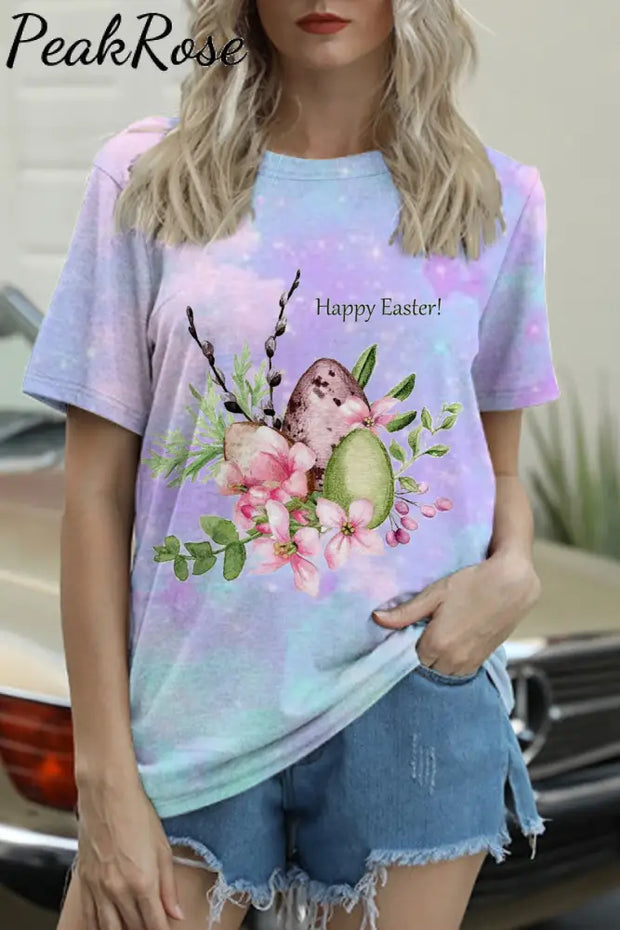 Happy Easter Colorful Eggs Floral Printed Round Neck T-Shirt T-Shirt