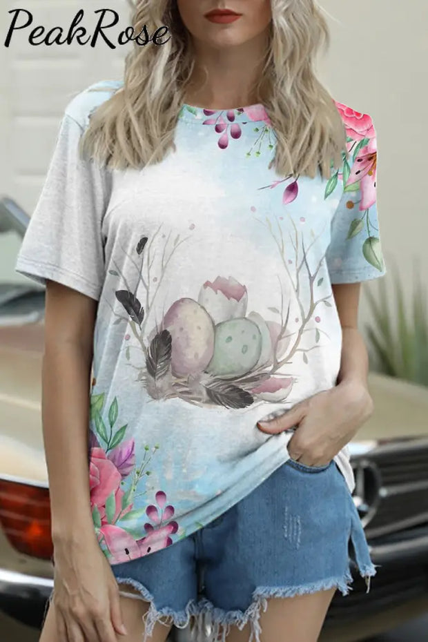 Happy Easter Colorful Eggs Floral Printed Round Neck T-Shirt T-Shirt