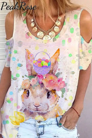 Happy Easter Colorful Polka Dots And Egg Flowers Cute Rabbit Cold Shoulder T-Shirt T-Shirt