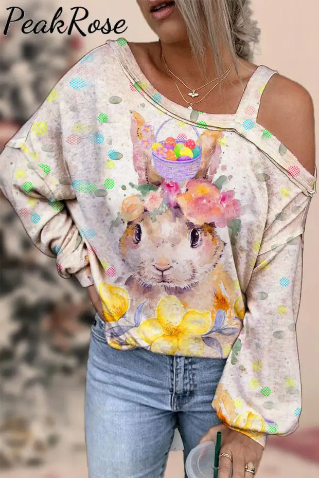 Happy Easter Colorful Polka Dots And Egg Flowers Cute Rabbit Off-Shoulder Blouse