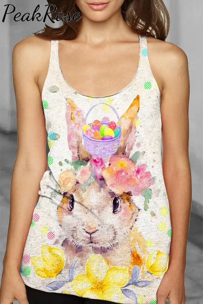 Happy Easter Colorful Polka Dots And Egg Flowers Cute Rabbit Racerback Tank Top S / Floral