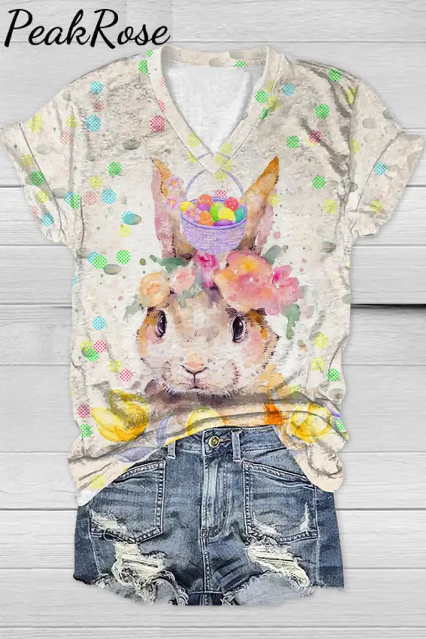 Happy Easter Colorful Polka Dots And Egg Flowers Cute Rabbit V Neck T-Shirt T-Shirt