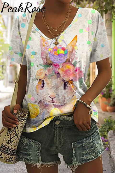 Happy Easter Colorful Polka Dots And Egg Flowers Cute Rabbit V Neck T-Shirt S / Floral T-Shirt