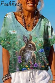 Happy Easter Cute Bunny And Flowers Dolman Sleeves Tee S / Floral