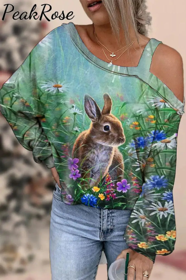 Happy Easter Cute Bunny And Flowers Off-Shoulder Blouse