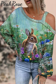 Happy Easter Cute Bunny And Flowers Off-Shoulder Blouse Floral / S