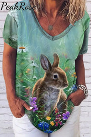 Happy Easter Cute Bunny And Flowers Raw Edges Loose T-Shirt