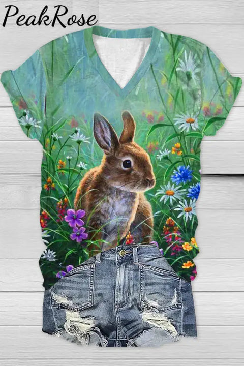 Happy Easter Cute Bunny And Flowers V Neck T-Shirt T-Shirt