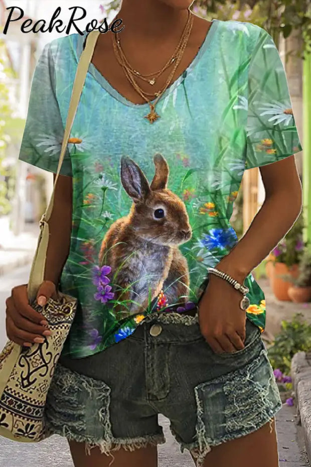 Happy Easter Cute Bunny And Flowers V Neck T-Shirt S / Floral T-Shirt