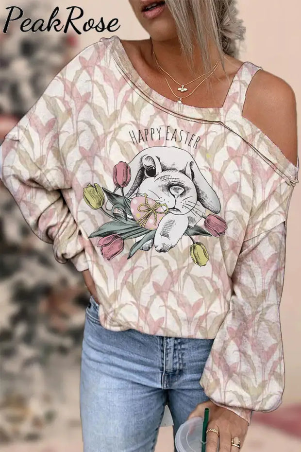 Happy Easter Cute Gray Rabbit Egg Bouquet With Water Printed Leaves Off Shoulder Blouse S / Pink